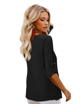 Black Button Detail Roll up Sleeve Blouse