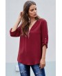 Red Casual V Neck Zip up Half Sleeve Blouse