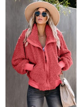 Red Cool For The Winter Pocketed Teddy Jacket
