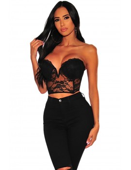 Black Lace Bustier Plunge Strapless Padded Crop Top