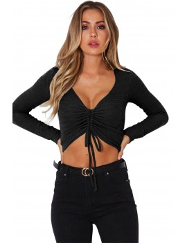 Black Cinched Lace Up Long Sleeve Crop Top
