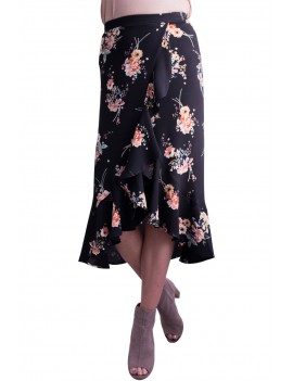 Floral Ruffle Wrap Skirt in Black