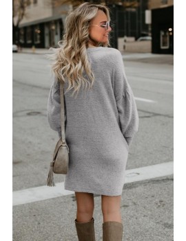 Gray Autumn Winter Long Lantern Sleeve Knitted Sweater Dress