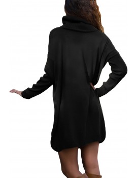 Black Ribbed Cowl Neck Lightweight Sweater Dress