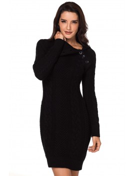 Asymmetric Buttoned Collar Black Bodycon Sweater Dress