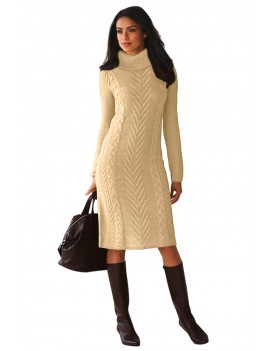 Khaki Hand Knitted High Neck Sweater Dress