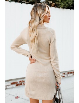 Apricot Long Sleeve Tie Waist Turtleneck Pullover Sweater Dress