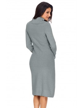 Gray Hand Knitted High Neck Sweater Dress