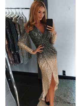 Black Ombre Sequin Wrapped Ruched Irregular Dress