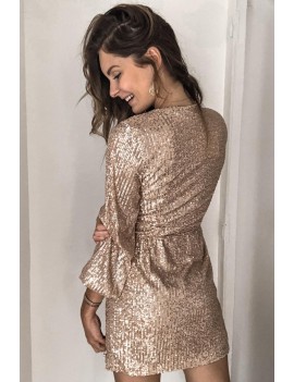 Apricot Sequin Wrap Dress with Sash