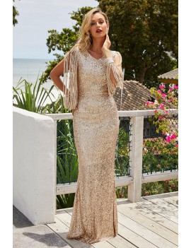 Apricot Sequin Fringe Sleeve Party Maxi Evening Dress