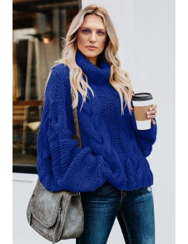 Blue Cuddle Weather Cable Knit Handmade Turtleneck Sweater