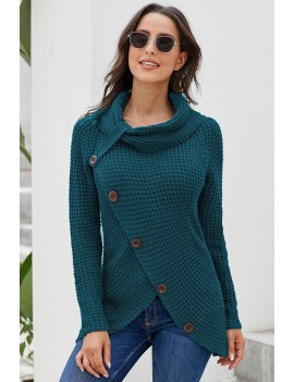 Slate Blue Buttoned Wrap Turtleneck Sweater