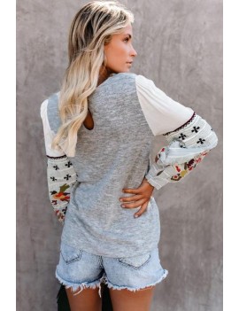Gray Contrast Printed Sleeve Knit Sweatshirts
