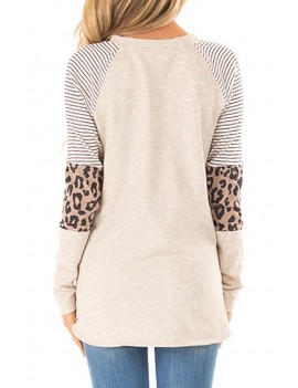 Khaki Striped and Leopard Color Block Sleeves Top