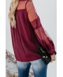 Red Fashion Lantern-Sleeve Lace Patchwork Top