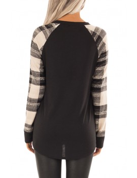 Monochrome Plaid Long Sleeves Black Pullover Top