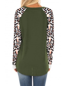Green Leopard Print Long Sleeve Pullover Top