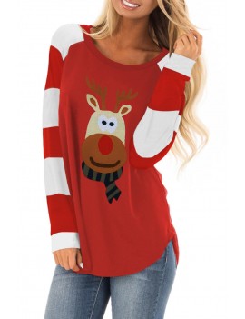 Christmas Cartoon Reindeer Color Block Sleeve Top