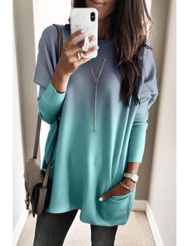 Ombre Blue Color Block Pocketed Side Long Top