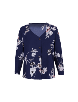 Blue V Neck Buttoned Floral Print Blouse