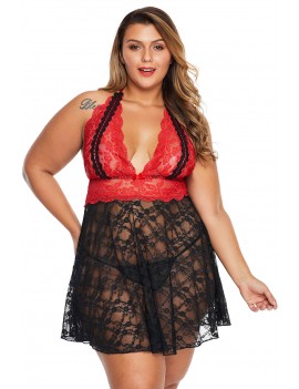 Red Apparel Lace Backless Halter Plus Size Babydoll