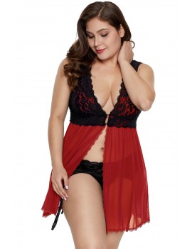 Red Lace Covered Tulle Plus Size Babydoll